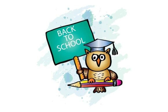 Back to School Vector Illustration with Owl, Pencil, and Sign