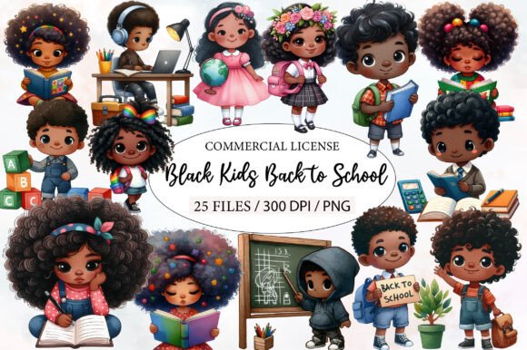Black Kids Back to School Clipart Bundle