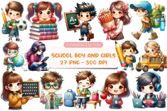 Watercolor Back to School Boy and Girls: A Strategic Design Asset for Creative and Commercial Use